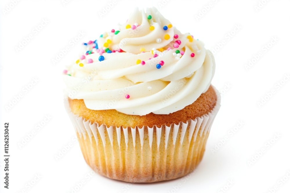 A vanilla cupcake topped with a swirl of creamy white frosting A vanilla cupcake topped with a swirl of creamy white frosting