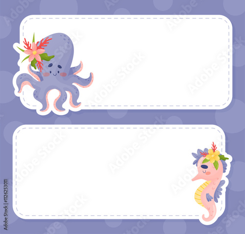 Note Card with Sea Animal with Flowers Vector Template