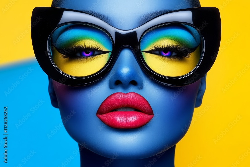 Woman with blue and yellow eyes and red lips is wearing black sunglasses Woman with blue and yellow eyes and red lips is wearing black sunglasses