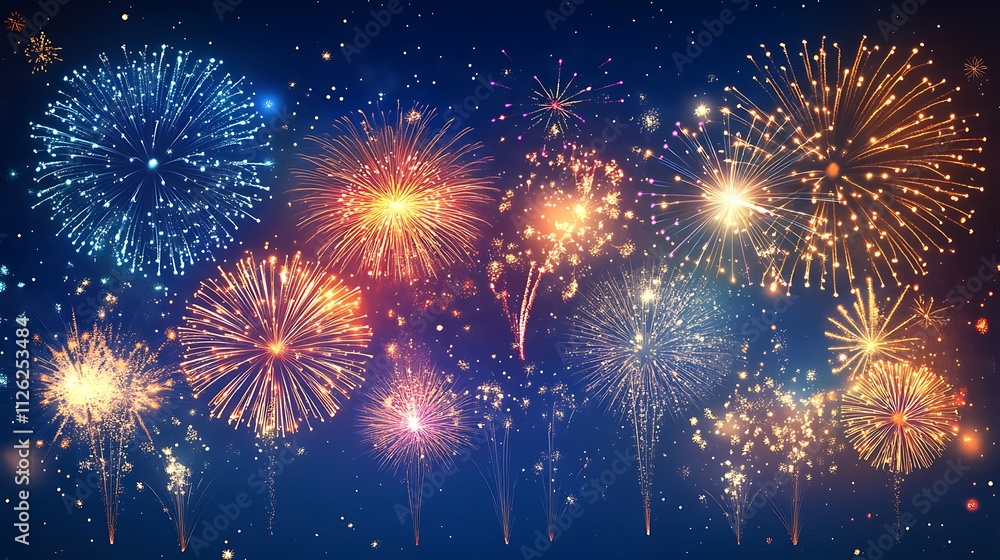 Fototapeta premium A vibrant display of colorful fireworks against a dark blue sky, celebrating an occasion.