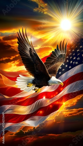 American Flag and Bald Eagle Digital Illustration: Symbol of Patriotism with Stunning Sunset Background and Dramatic Sky Contrast