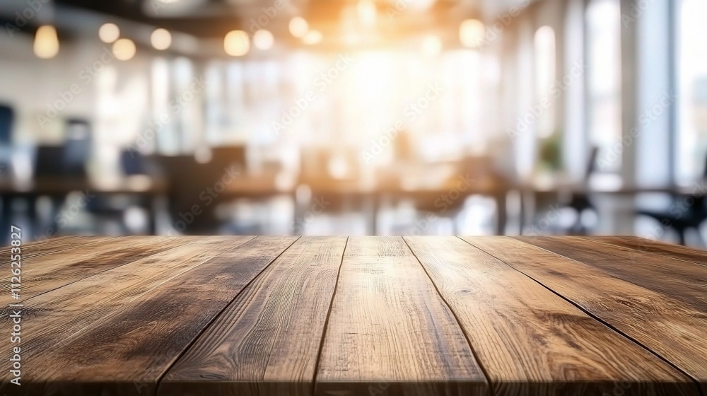 Rustic Wooden Table Top with Blurred Office Background Light Rustic Wooden Table Top with Blurred Office Background Light