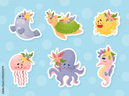 Sea Animal and Marine Underwater Swimming Creature with Flowers Vector Set