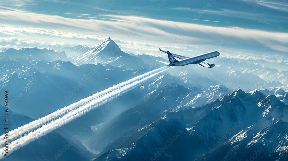 Fototapeta premium Distant Passenger Jet Plane with Contrail in Clear Blue Sky images.
