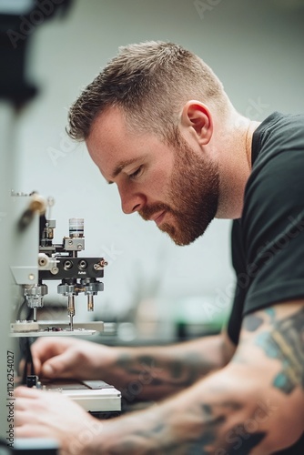 A focused 37-year-old male nanotechnology researcher with steady hands creating microscopic robotic systems that could revolutionize targeted medical treatments