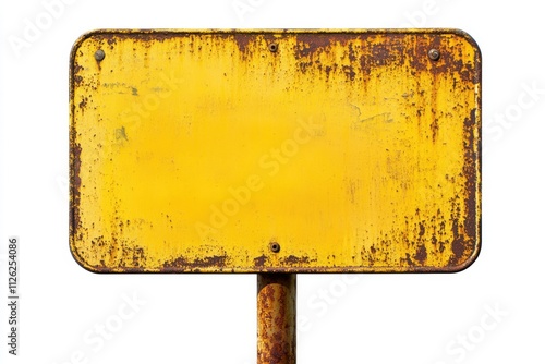 A weathered rectangular yellow metal sign with rust marks and scratches