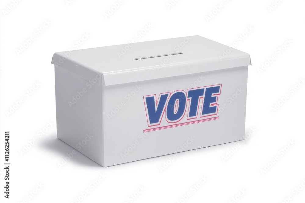 A white voting box with a simple rectangular design and the word VOTE printed in bold blue letters on the front A white voting box with a simple rectangular design and the word VOTE printed in bold blue letters on the front