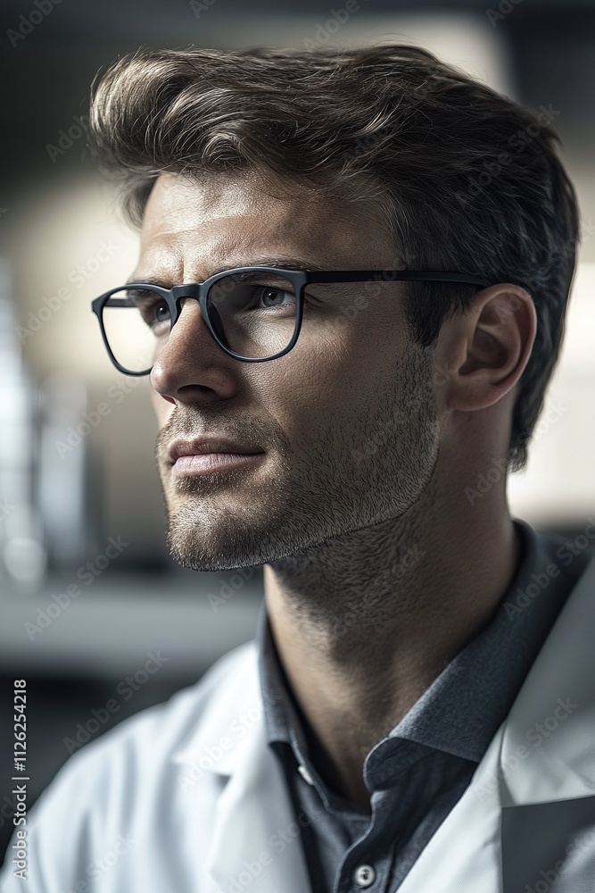 A focused 40-year-old male immunologist with rimless glasses developing a vaccine breakthrough for a previously untreatable disease A focused 40-year-old male immunologist with rimless glasses developing a vaccine breakthrough for a previously untreatable disease