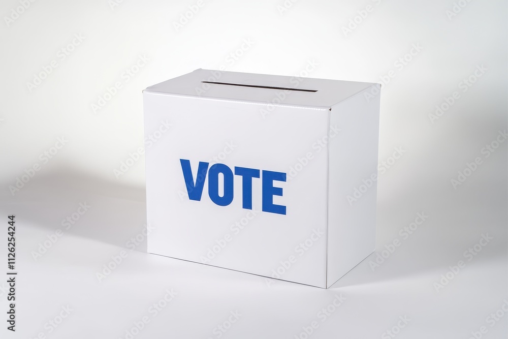 A white voting box with a simple rectangular design and the word VOTE printed in bold blue letters on the front A white voting box with a simple rectangular design and the word VOTE printed in bold blue letters on the front