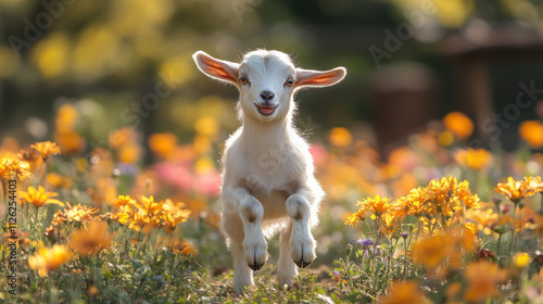 A baby goat hopping playfully on a sunny farm, surrounded by colorful flowers