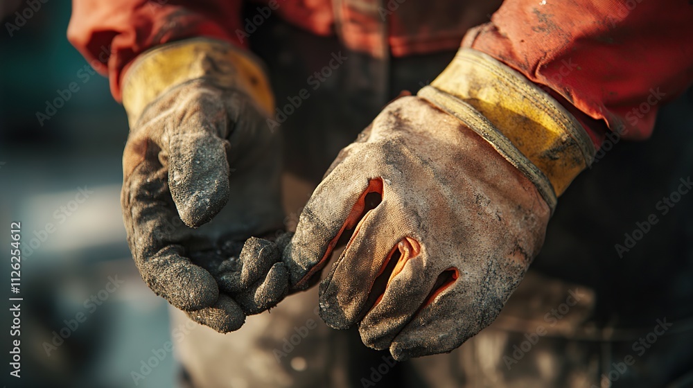 Factory worker hands wearing dirty gloves Factory worker hands wearing dirty gloves