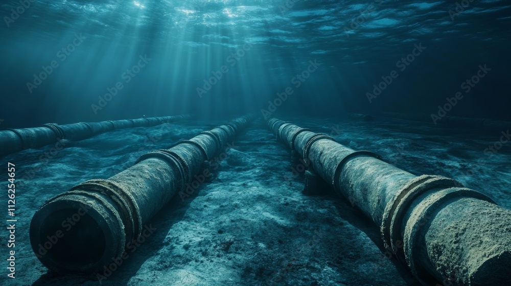 Underwater Pipes in Sunlight Rays