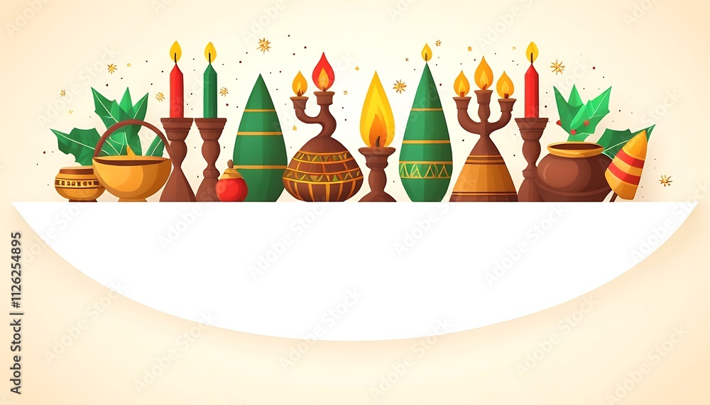 Illustrative Kwanzaa scene with candles traditional pottery green trees and holly. Festive cultural and celebratory design elements. Illustrative Kwanzaa scene with candles traditional pottery green trees and holly. Festive cultural and celebratory design elements.