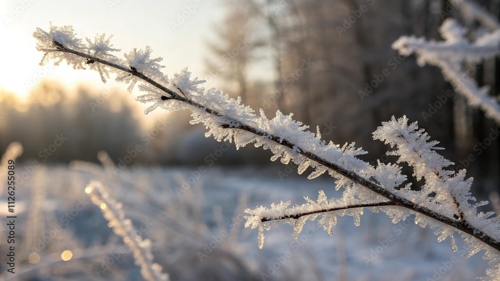 Close-up shot of delicate ice crystals forming on the surface of a frozen winter branch in the morning light, crystalline structure, cold weather, frosty, ice crystals, microscopic world Close-up shot of delicate ice crystals forming on the surface of a frozen winter branch in the morning light, crystalline structure, cold weather, frosty, ice crystals, microscopic world