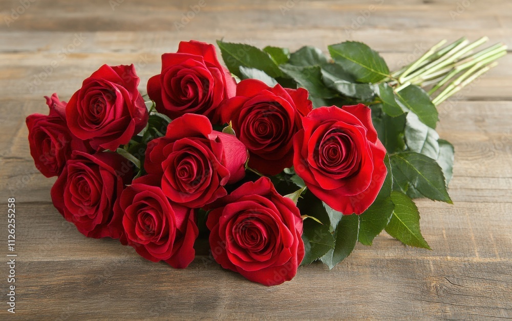 A close-up, high-resolution shot of a bouquet of red roses arranged on a wooden background, emphasizing the natural beauty and texture in a photorealistic style 