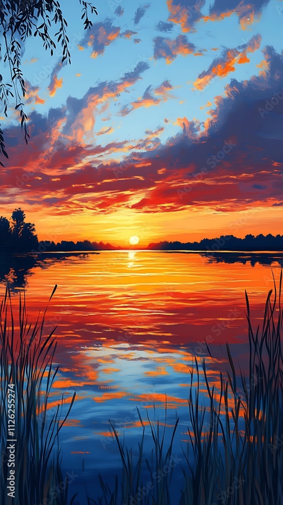 A vibrant sunset reflecting on a tranquil lake, surrounded by lush vegetation. A vibrant sunset reflecting on a tranquil lake, surrounded by lush vegetation.
