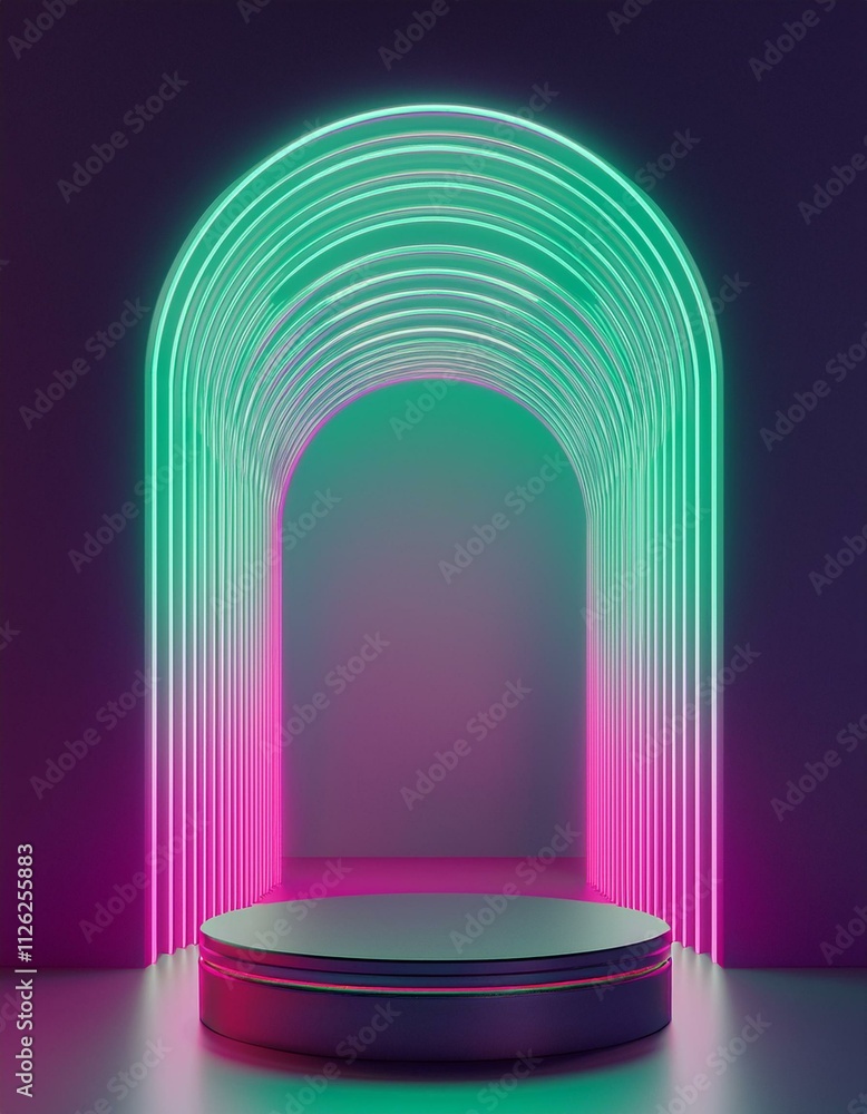 Generated image Abstract minimal scene with geometrical forms, podium, arch and neon light Generated image Abstract minimal scene with geometrical forms, podium, arch and neon light