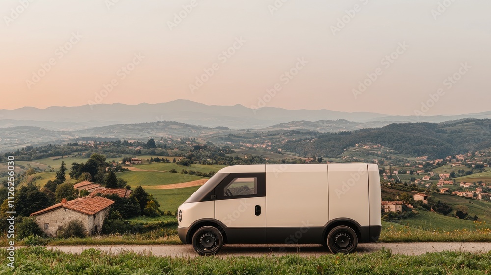 A modern delivery van parked on a scenic hillside, surrounded by lush green fields and mountains at sunset. A modern delivery van parked on a scenic hillside, surrounded by lush green fields and mountains at sunset.