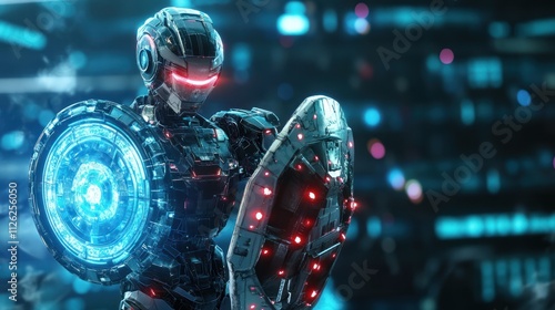 Wallpaper Mural Cybernetic Sentinel: A futuristic robot warrior stands ready, wielding shields of advanced technology against a vibrant, digital backdrop. Torontodigital.ca