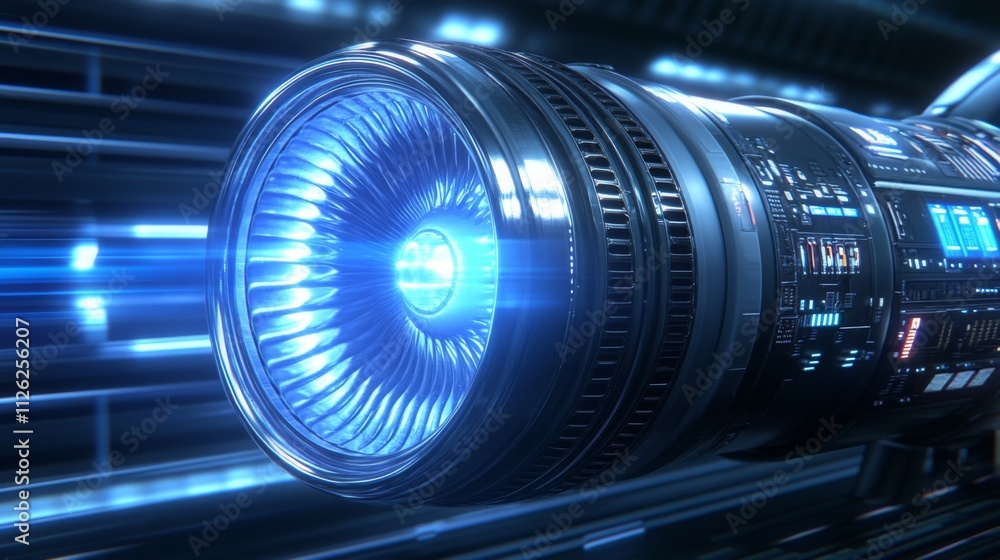 Close-up of futuristic jet engine illuminated in blue light, set against dark background with control panel and futuristic elements.