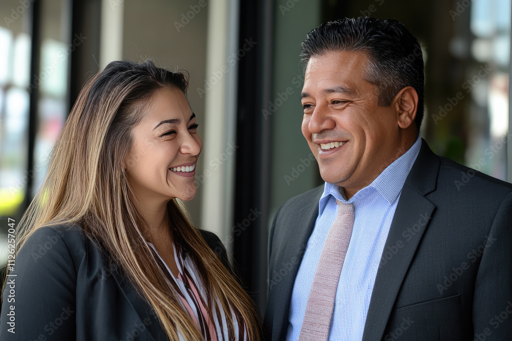 Happy Hispanic Colleagues Engaged in Discussion Happy Hispanic Colleagues Engaged in Discussion