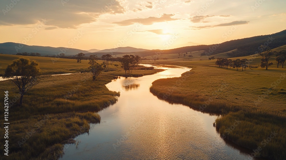 Fototapeta premium Serene Countryside with Gently Flowing River at Sunset