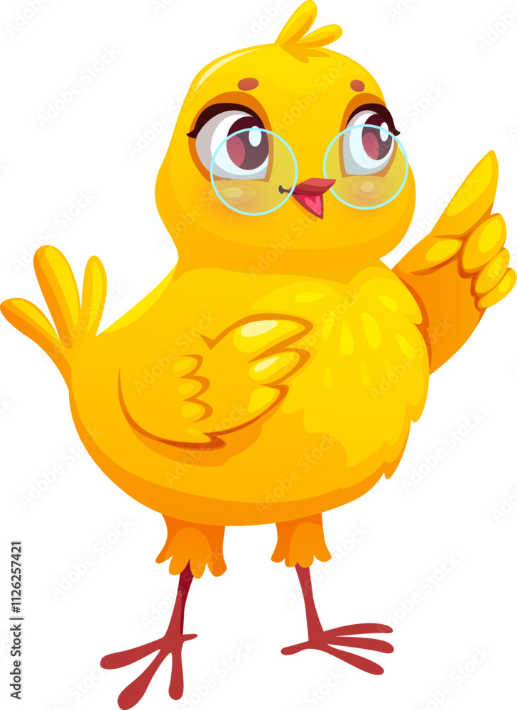 Cartoon baby chick happy character wearing glasses. Farm baby hen cheerful character, spring newborn chick animal or Easter holiday chicken happy vector mascot. Farm small baby animal cute personage Cartoon baby chick happy character wearing glasses. Farm baby hen cheerful character, spring newborn chick animal or Easter holiday chicken happy vector mascot. Farm small baby animal cute personage