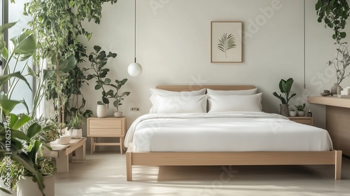 A serene bedroom featuring a king-size bed with a light wood frame, minimalist furniture, and an assortment of indoor plants. The design is simple yet luxurious, with a focus on natural elements.