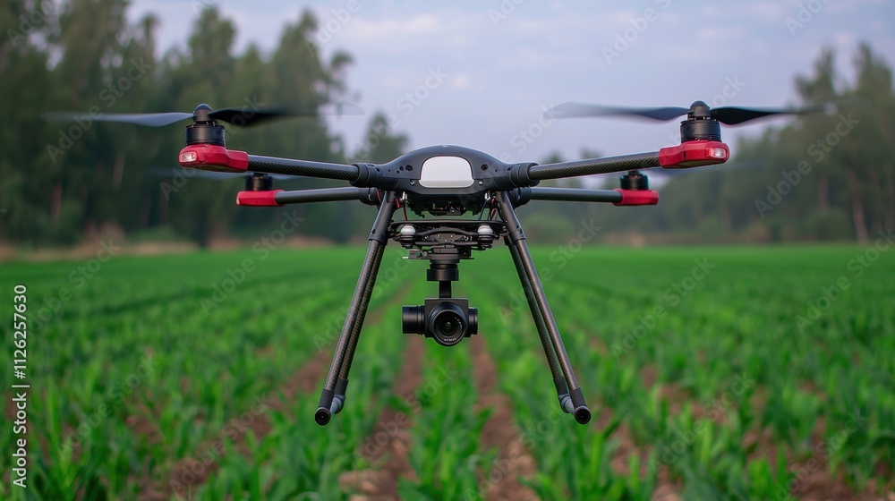 Triangulation control, A drone hovers above a lush green field, showcasing modern agricultural technology and innovation in farming practices. Triangulation control, A drone hovers above a lush green field, showcasing modern agricultural technology and innovation in farming practices.