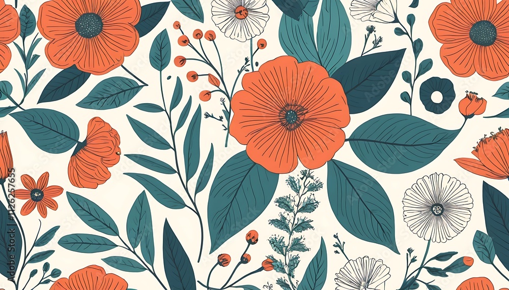 Elegant Teal Leaf Orange Floral Botanical Seamless Pattern Design and smaller white flowers. The design is elegant and suitable for fabric or wallpaper. Elegant Teal Leaf Orange Floral Botanical Seamless Pattern Design and smaller white flowers. The design is elegant and suitable for fabric or wallpaper.