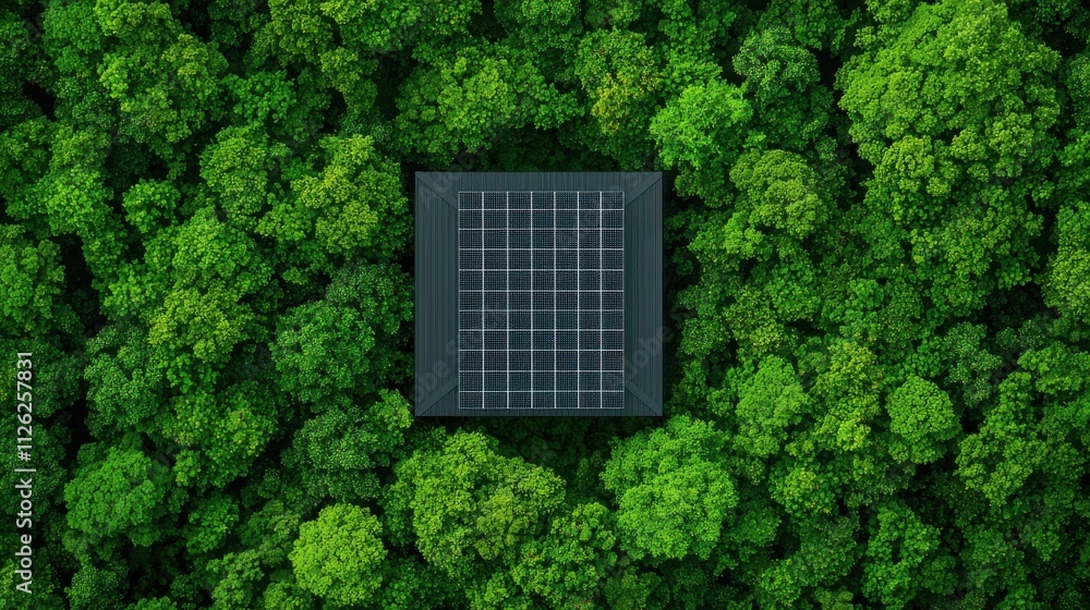 Aerial view of a solar panel installation surrounded by lush greenery, emphasizing renewable energy and environmental sustainability. Aerial view of a solar panel installation surrounded by lush greenery, emphasizing renewable energy and environmental sustainability.