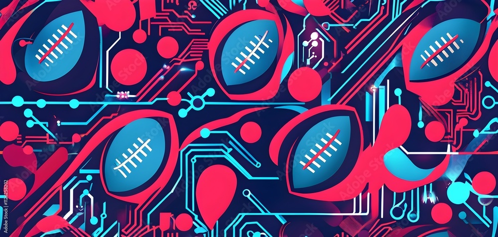 Naklejka premium vibrant mix of abstract circuitry intertwined with rugby balls, representing AI role in personalized sports training