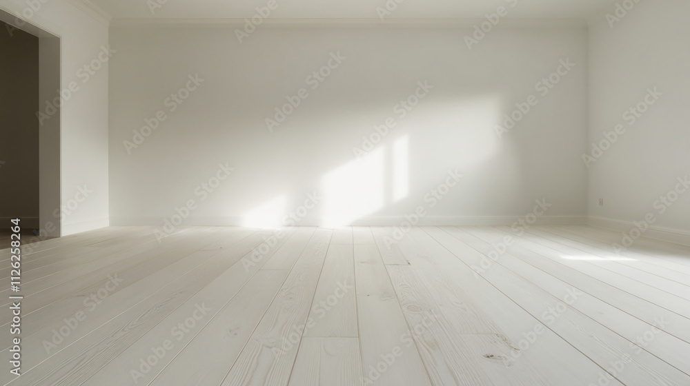Empty room with whitewashed wood flooring and newly painted white wall in background Empty room with whitewashed wood flooring and newly painted white wall in background