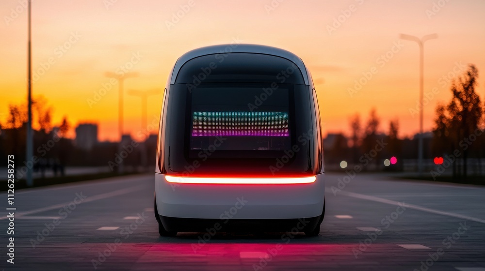 A futuristic autonomous vehicle stands on a road at sunset, featuring sleek design and illuminated elements. A futuristic autonomous vehicle stands on a road at sunset, featuring sleek design and illuminated elements.