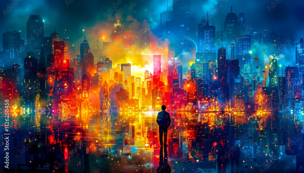 Fototapeta premium A man standing in front of a city at night