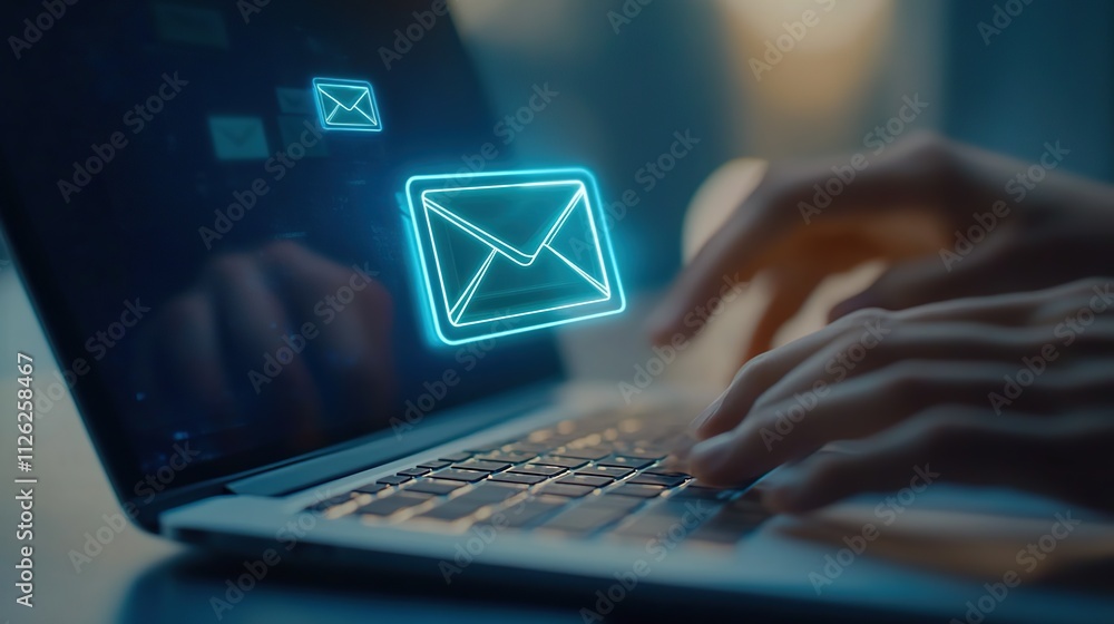 Obraz premium A person hand type on a laptop keyboard, surrounded by glowing email icons symbolizing the power of digital communication and online connectivity