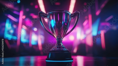 E-Sports winner trophy at studio illuminated by neon lights with blurred background.ai generative