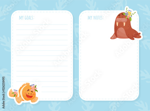 Note Card with Sea Animal with Flowers Vector Template