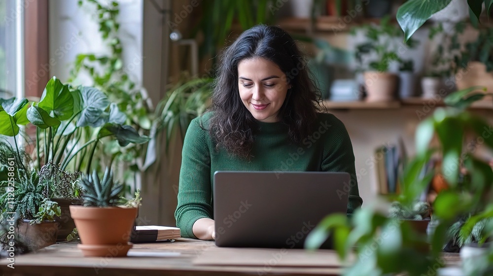 Woman Working on Laptop Surrounded by Indoor Plants on Desk Woman Working on Laptop Surrounded by Indoor Plants on Desk