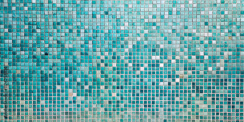 Aqua Tile Mosaic: A close-up shot of a turquoise mosaic tile wall, showcasing the intricate pattern and textured surface. Perfect for projects requiring a modern, clean, and refreshing design. 