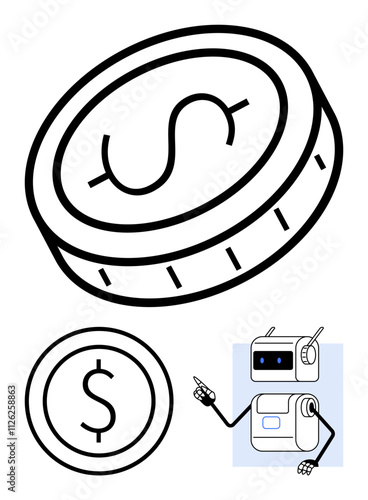 Dollar coin and friendly robot with blue screen. Ideal for finance, technology, digital currencies, cryptocurrency, automation, AI, and investments. Line metaphor