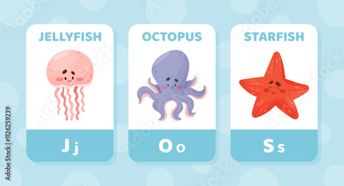 Flashcard with Sea Animal for Alphabet Letter Learning Vector Template