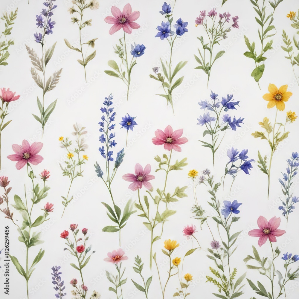 Collection of dainty watercolor wildflowers on a white paper background, leaves, illustration, petals, creative, inspiration Collection of dainty watercolor wildflowers on a white paper background, leaves, illustration, petals, creative, inspiration