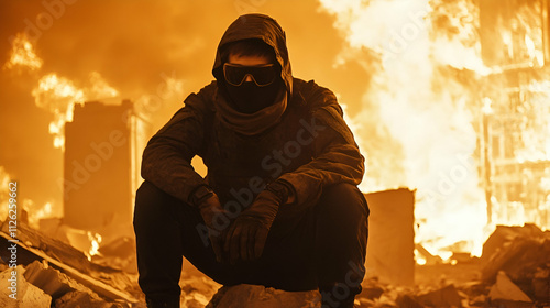 A figure in a hooded outfit squats amidst a fiery urban landscape, conveying themes of survival and desolation in a post-apocalyptic setting. photo