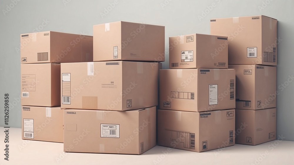 Delivery boxes stacked in an organized manner for logistics and transportation concept Delivery boxes stacked in an organized manner for logistics and transportation concept