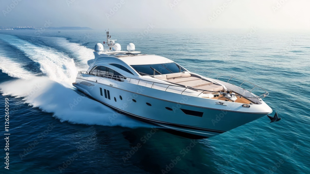 Luxury Yacht Cutting Through Waves: A sleek white yacht glides effortlessly across the vast expanse of the open sea, leaving a shimmering wake in its path. Luxury Yacht Cutting Through Waves: A sleek white yacht glides effortlessly across the vast expanse of the open sea, leaving a shimmering wake in its path.