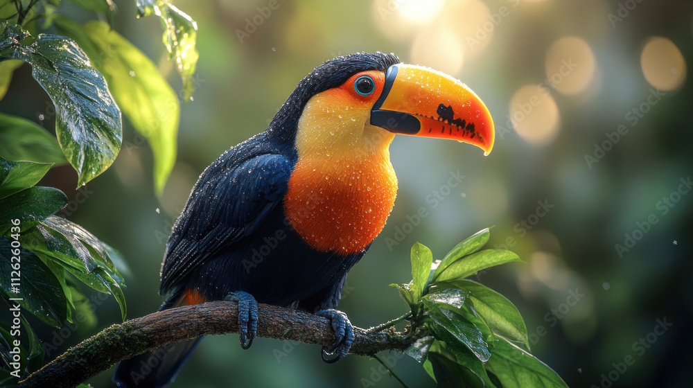 Fototapeta premium A colorful toucan perched on a branch in a rainforest, its beak glowing under sunlight