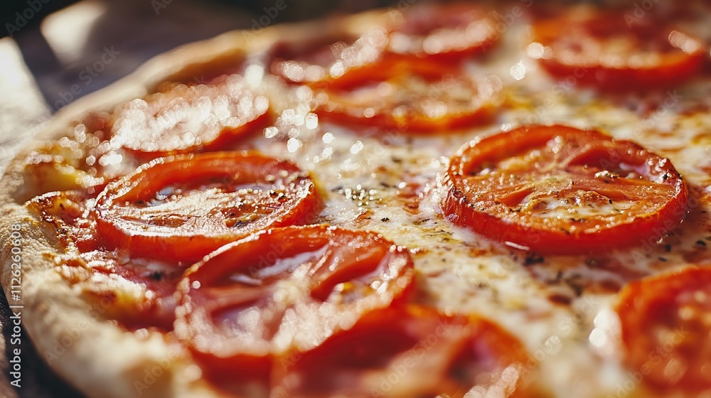 Close-up of a delicious pizza with salami, tomatoes, mozzarella, and basil Close-up of a delicious pizza with salami, tomatoes, mozzarella, and basil