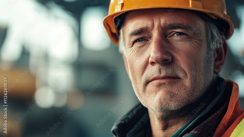 Portrait of a mature engineer wearing a hard hat and glasses on a construction site looking focused Portrait of a mature engineer wearing a hard hat and glasses on a construction site looking focused