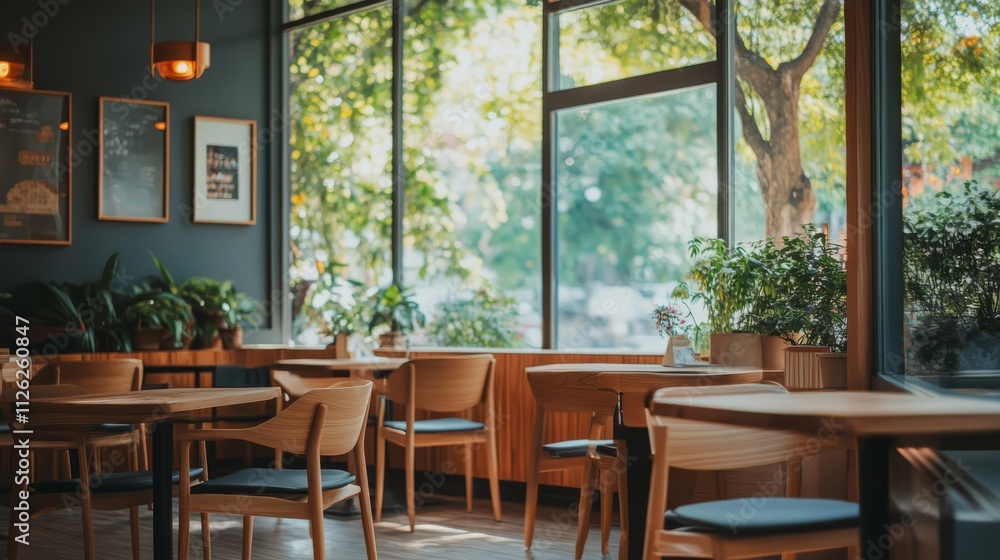 Sunny Cafe Interior: A warm and inviting cafe interior bathed in sunlight, featuring wooden tables and chairs, lush greenery, and a large window overlooking a tree-filled street. Sunny Cafe Interior: A warm and inviting cafe interior bathed in sunlight, featuring wooden tables and chairs, lush greenery, and a large window overlooking a tree-filled street.